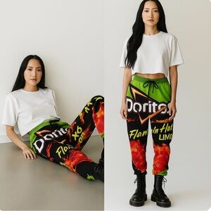 Doritos Flaming Hot Chip Jogger Pants Black Green Sweatpants Loungewear Sz XXL